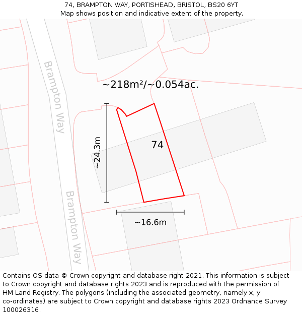 74, BRAMPTON WAY, PORTISHEAD, BRISTOL, BS20 6YT: Plot and title map