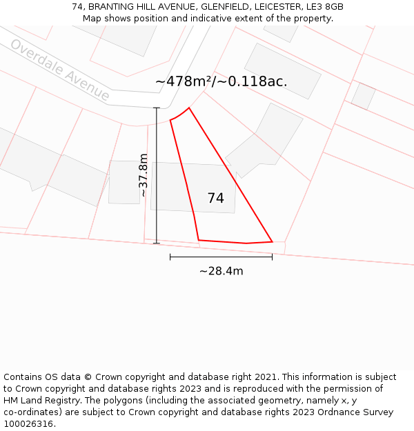 74, BRANTING HILL AVENUE, GLENFIELD, LEICESTER, LE3 8GB: Plot and title map