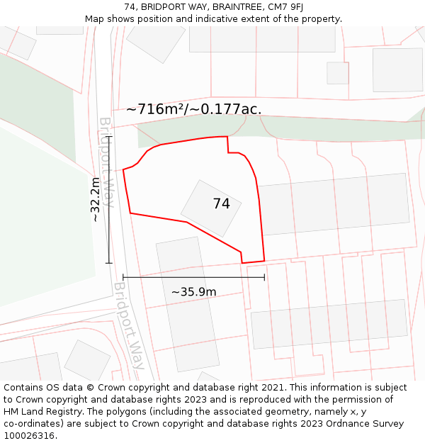 74, BRIDPORT WAY, BRAINTREE, CM7 9FJ: Plot and title map