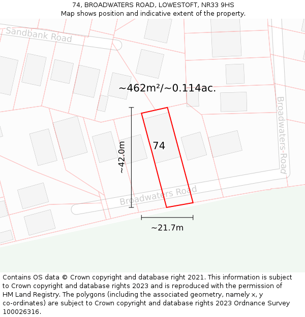 74, BROADWATERS ROAD, LOWESTOFT, NR33 9HS: Plot and title map