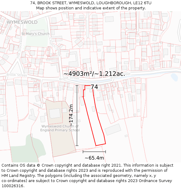 74, BROOK STREET, WYMESWOLD, LOUGHBOROUGH, LE12 6TU: Plot and title map