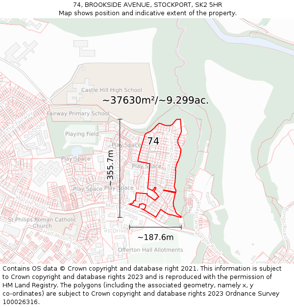 74, BROOKSIDE AVENUE, STOCKPORT, SK2 5HR: Plot and title map