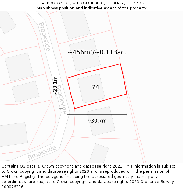 74, BROOKSIDE, WITTON GILBERT, DURHAM, DH7 6RU: Plot and title map