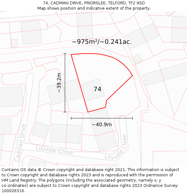 74, CADMAN DRIVE, PRIORSLEE, TELFORD, TF2 9SD: Plot and title map