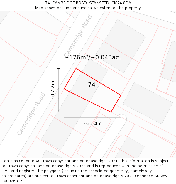 74, CAMBRIDGE ROAD, STANSTED, CM24 8DA: Plot and title map