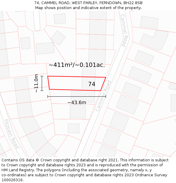 74, CAMMEL ROAD, WEST PARLEY, FERNDOWN, BH22 8SB: Plot and title map