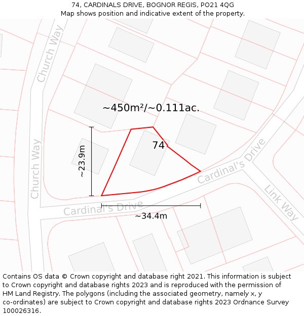 74, CARDINALS DRIVE, BOGNOR REGIS, PO21 4QG: Plot and title map