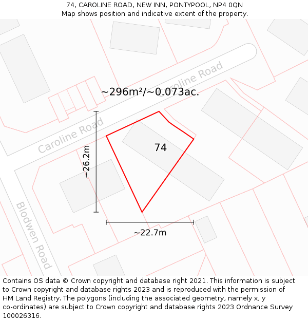 74, CAROLINE ROAD, NEW INN, PONTYPOOL, NP4 0QN: Plot and title map