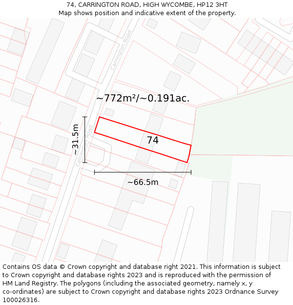 74, CARRINGTON ROAD, HIGH WYCOMBE, HP12 3HT: Plot and title map