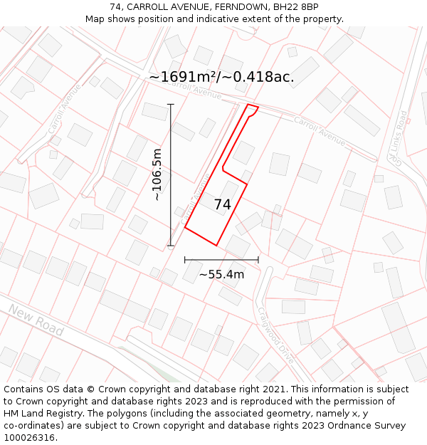 74, CARROLL AVENUE, FERNDOWN, BH22 8BP: Plot and title map