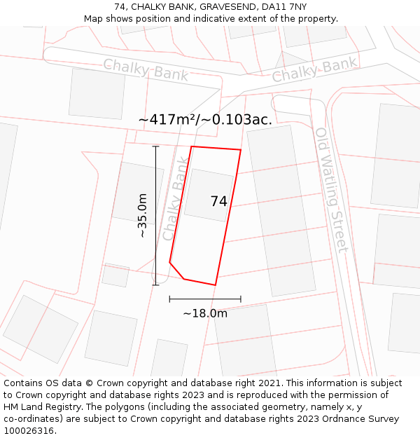 74, CHALKY BANK, GRAVESEND, DA11 7NY: Plot and title map