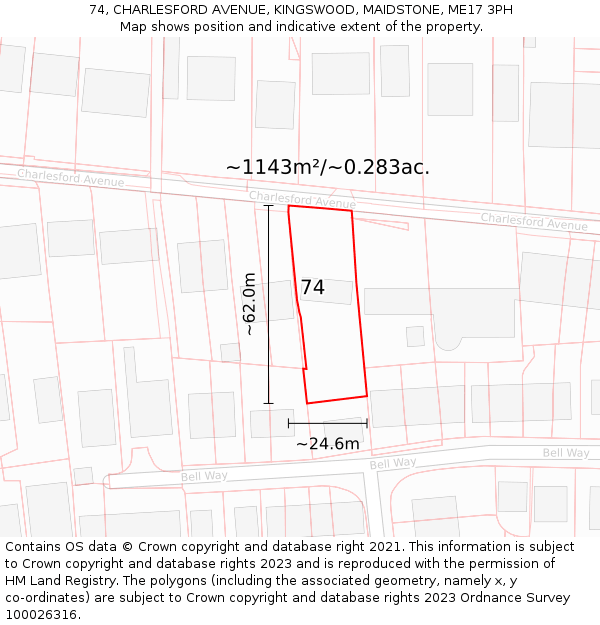 74, CHARLESFORD AVENUE, KINGSWOOD, MAIDSTONE, ME17 3PH: Plot and title map