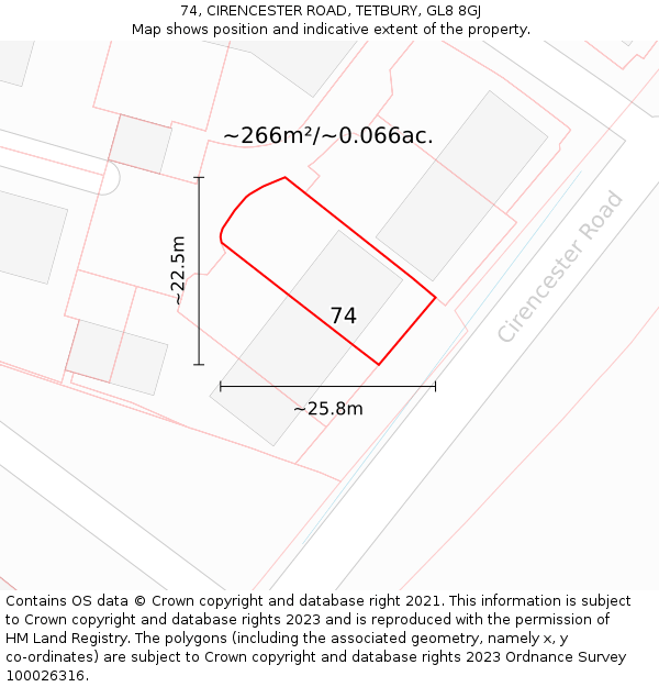 74, CIRENCESTER ROAD, TETBURY, GL8 8GJ: Plot and title map