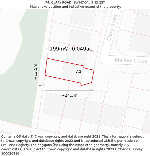 74, CLARY ROAD, SWINDON, SN2 2ST: Plot and title map