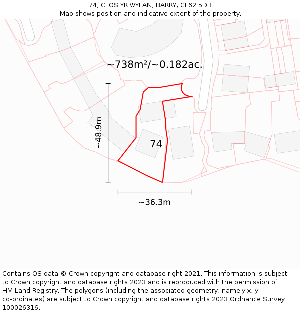 74, CLOS YR WYLAN, BARRY, CF62 5DB: Plot and title map