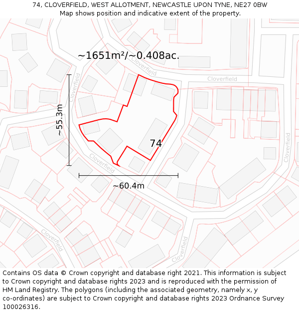 74, CLOVERFIELD, WEST ALLOTMENT, NEWCASTLE UPON TYNE, NE27 0BW: Plot and title map