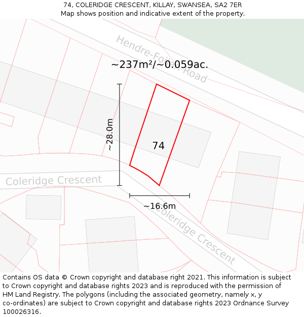 74, COLERIDGE CRESCENT, KILLAY, SWANSEA, SA2 7ER: Plot and title map