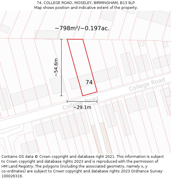 74, COLLEGE ROAD, MOSELEY, BIRMINGHAM, B13 9LP: Plot and title map