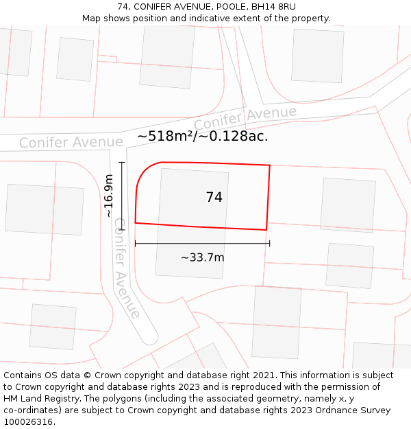 74, CONIFER AVENUE, POOLE, BH14 8RU: Plot and title map