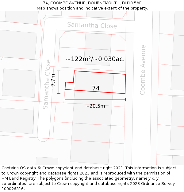 74, COOMBE AVENUE, BOURNEMOUTH, BH10 5AE: Plot and title map