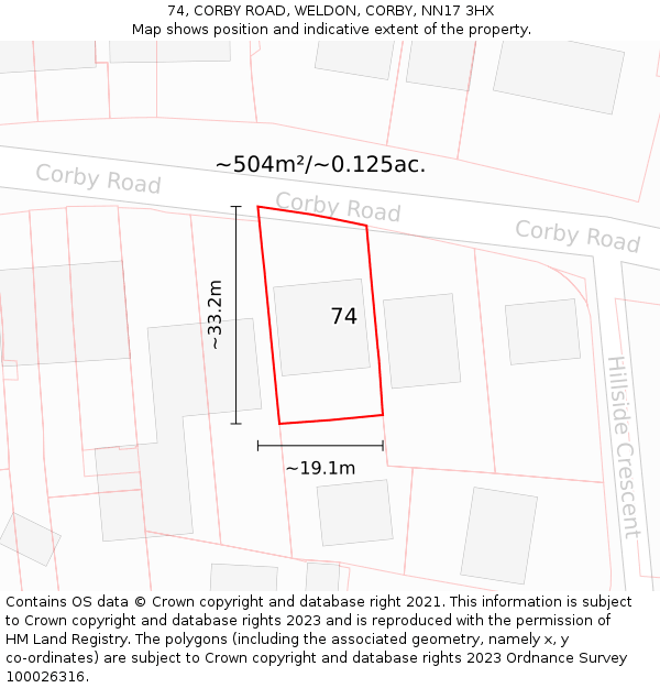 74, CORBY ROAD, WELDON, CORBY, NN17 3HX: Plot and title map