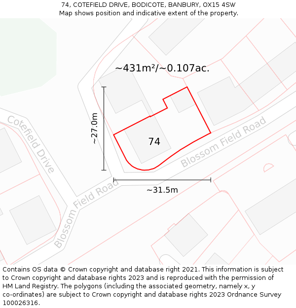 74, COTEFIELD DRIVE, BODICOTE, BANBURY, OX15 4SW: Plot and title map
