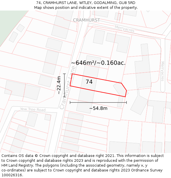 74, CRAMHURST LANE, WITLEY, GODALMING, GU8 5RD: Plot and title map