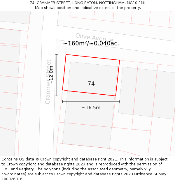 74, CRANMER STREET, LONG EATON, NOTTINGHAM, NG10 1NL: Plot and title map