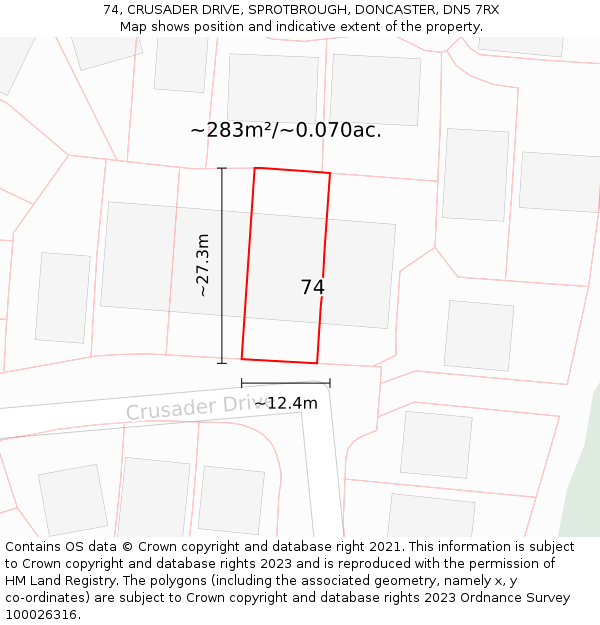 74, CRUSADER DRIVE, SPROTBROUGH, DONCASTER, DN5 7RX: Plot and title map