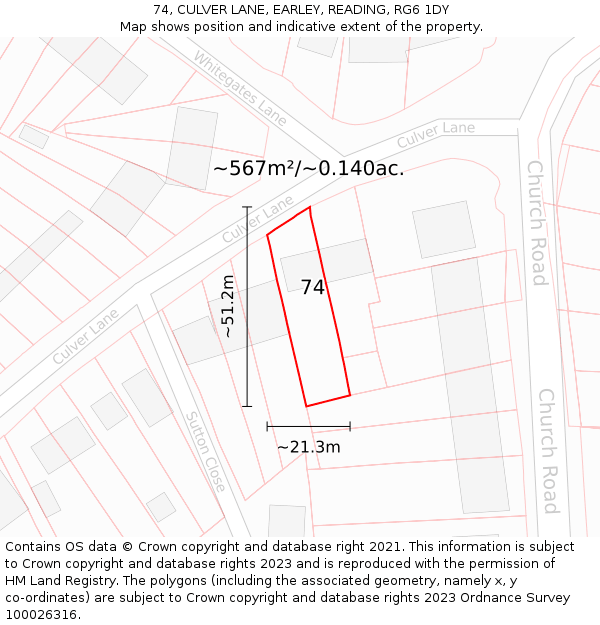 74, CULVER LANE, EARLEY, READING, RG6 1DY: Plot and title map