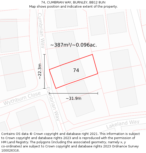 74, CUMBRIAN WAY, BURNLEY, BB12 8UN: Plot and title map