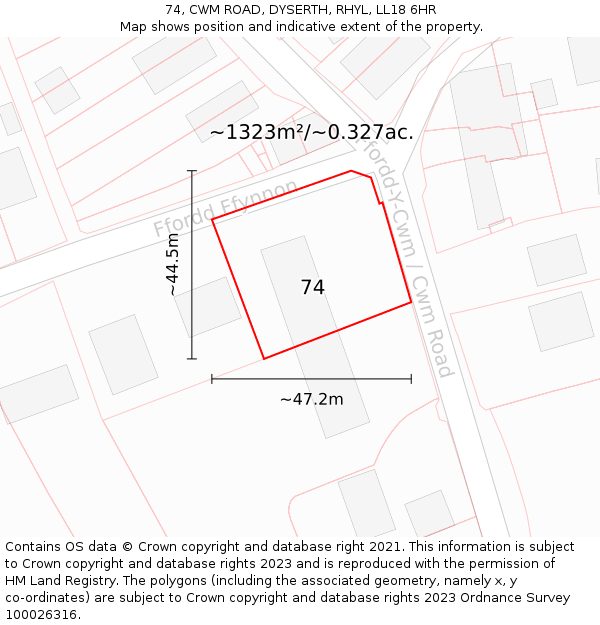 74, CWM ROAD, DYSERTH, RHYL, LL18 6HR: Plot and title map