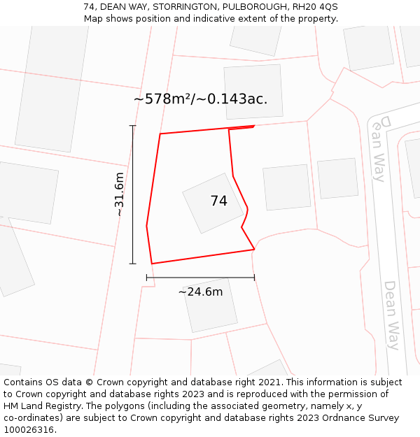 74, DEAN WAY, STORRINGTON, PULBOROUGH, RH20 4QS: Plot and title map