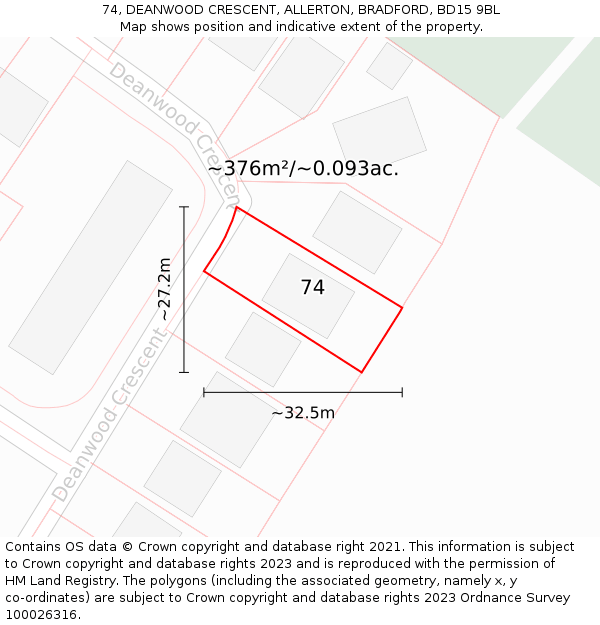 74, DEANWOOD CRESCENT, ALLERTON, BRADFORD, BD15 9BL: Plot and title map