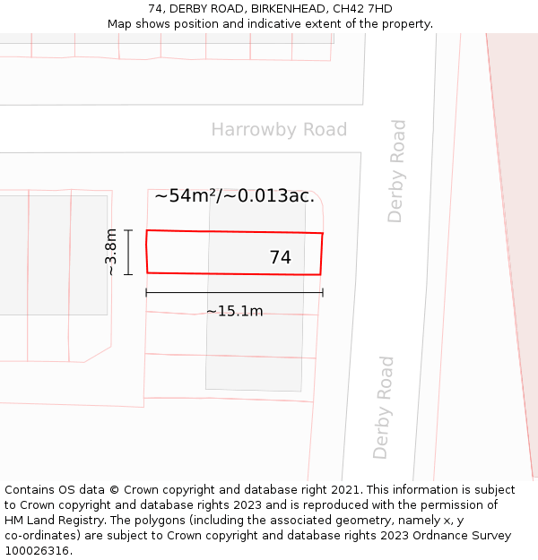 74, DERBY ROAD, BIRKENHEAD, CH42 7HD: Plot and title map