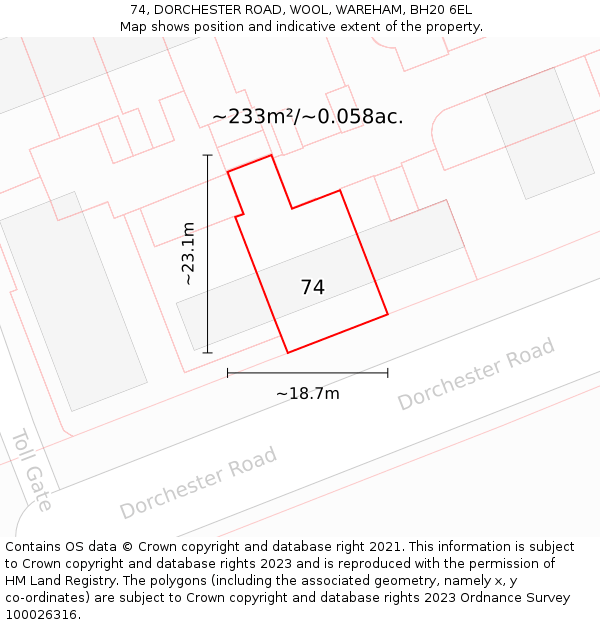 74, DORCHESTER ROAD, WOOL, WAREHAM, BH20 6EL: Plot and title map