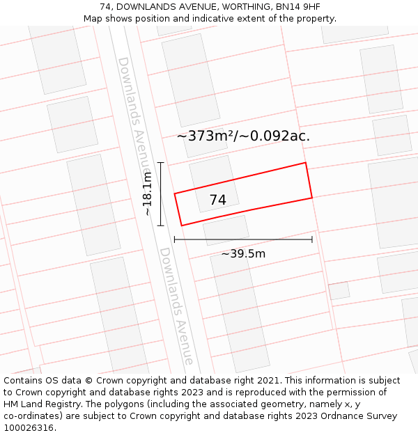 74, DOWNLANDS AVENUE, WORTHING, BN14 9HF: Plot and title map