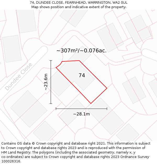 74, DUNDEE CLOSE, FEARNHEAD, WARRINGTON, WA2 0UL: Plot and title map