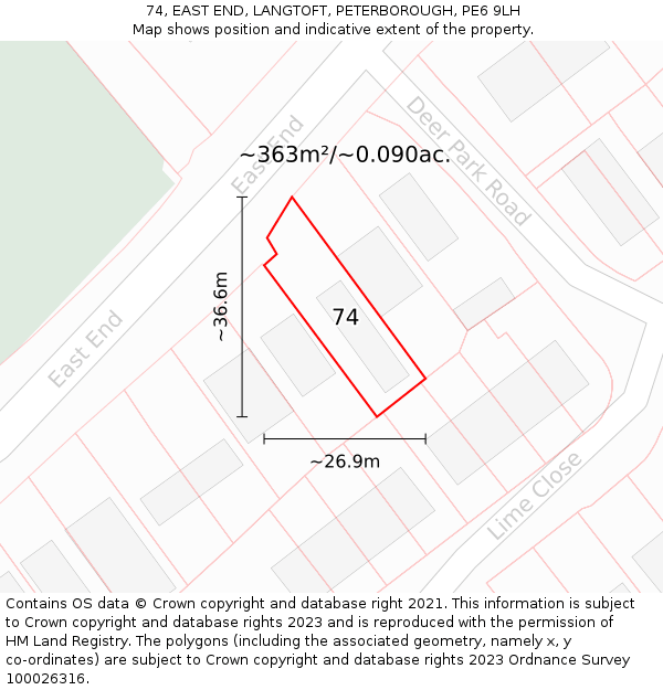 74, EAST END, LANGTOFT, PETERBOROUGH, PE6 9LH: Plot and title map