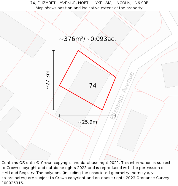 74, ELIZABETH AVENUE, NORTH HYKEHAM, LINCOLN, LN6 9RR: Plot and title map