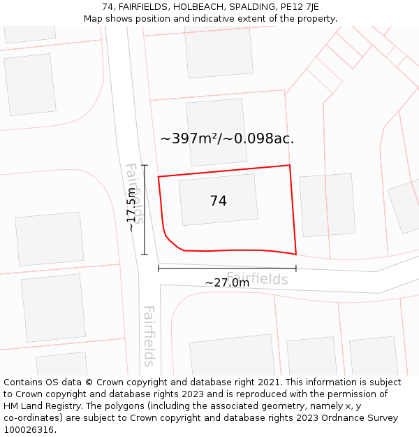 74, FAIRFIELDS, HOLBEACH, SPALDING, PE12 7JE: Plot and title map