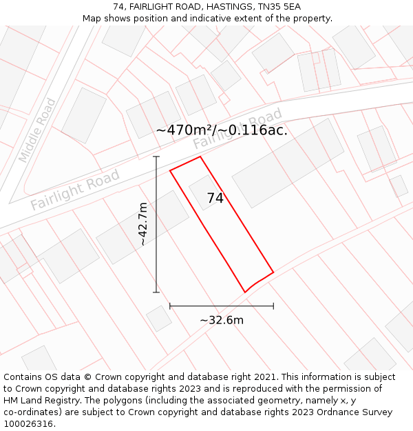 74, FAIRLIGHT ROAD, HASTINGS, TN35 5EA: Plot and title map