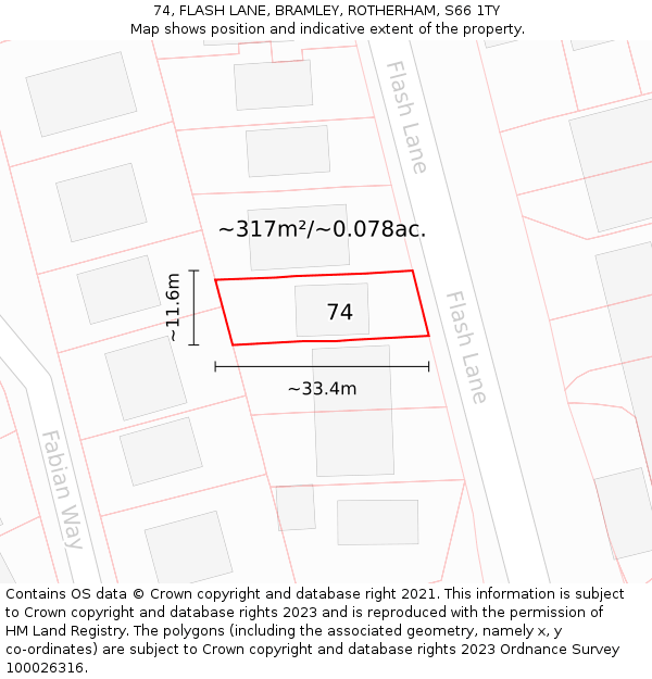 74, FLASH LANE, BRAMLEY, ROTHERHAM, S66 1TY: Plot and title map