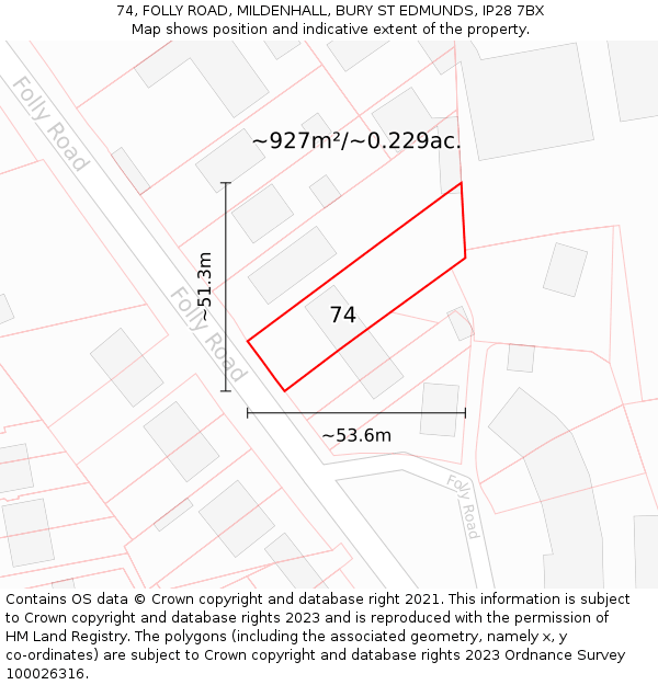 74, FOLLY ROAD, MILDENHALL, BURY ST EDMUNDS, IP28 7BX: Plot and title map