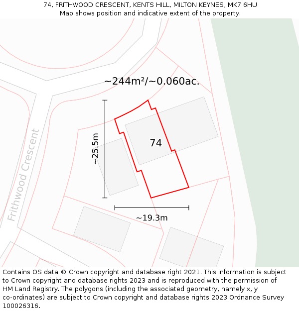 74, FRITHWOOD CRESCENT, KENTS HILL, MILTON KEYNES, MK7 6HU: Plot and title map