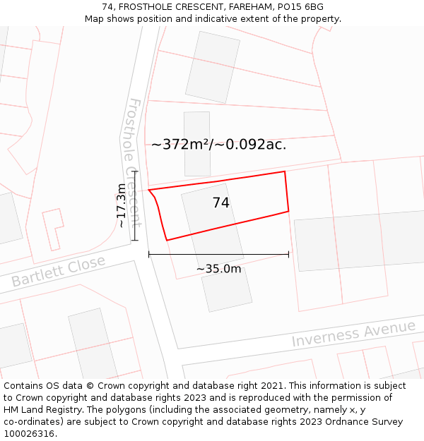 74, FROSTHOLE CRESCENT, FAREHAM, PO15 6BG: Plot and title map