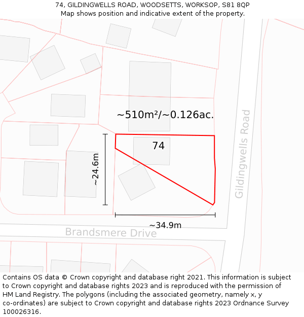 74, GILDINGWELLS ROAD, WOODSETTS, WORKSOP, S81 8QP: Plot and title map