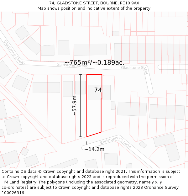 74, GLADSTONE STREET, BOURNE, PE10 9AX: Plot and title map