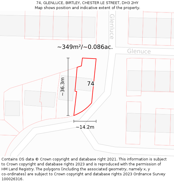 74, GLENLUCE, BIRTLEY, CHESTER LE STREET, DH3 2HY: Plot and title map