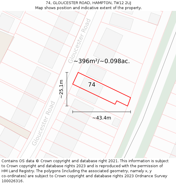 74, GLOUCESTER ROAD, HAMPTON, TW12 2UJ: Plot and title map